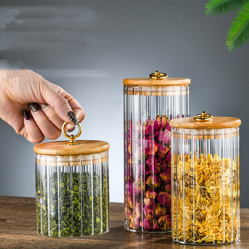 Wooden Lidded Striped Tea And Snacks Storage Jar