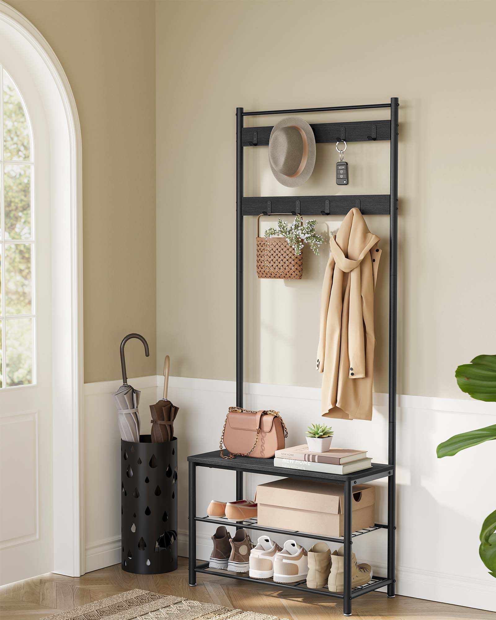 Coat Rack, Hall Tree with Shoe Storage Bench