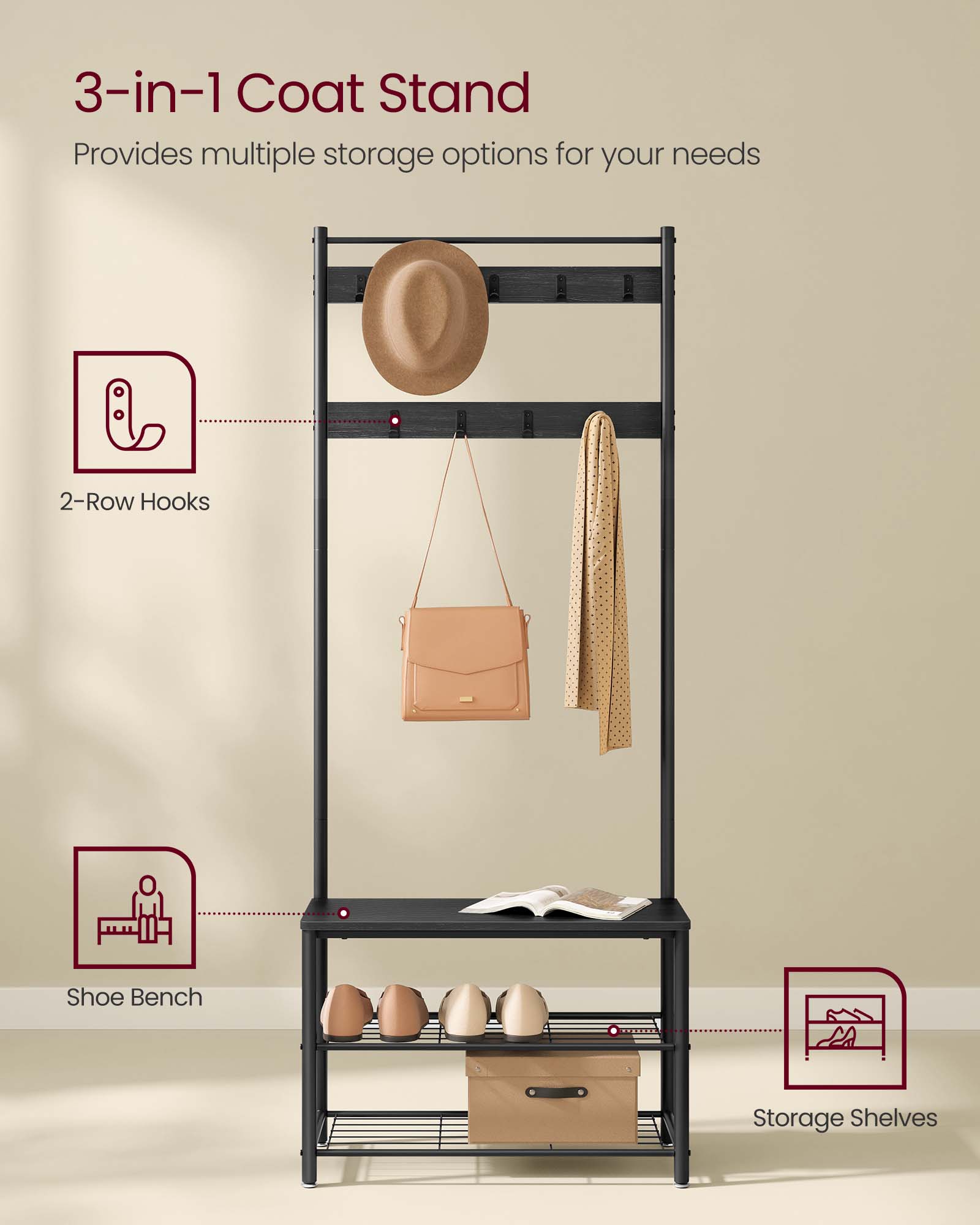 Coat Rack, Hall Tree with Shoe Storage Bench