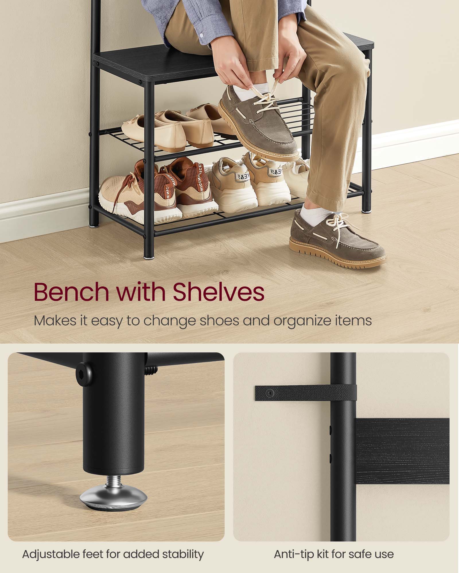 Coat Rack, Hall Tree with Shoe Storage Bench