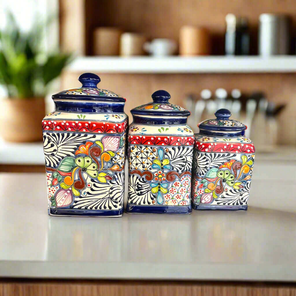 Talavera Canister Set | Dark Blue Mexican Kitchen Storage Jars