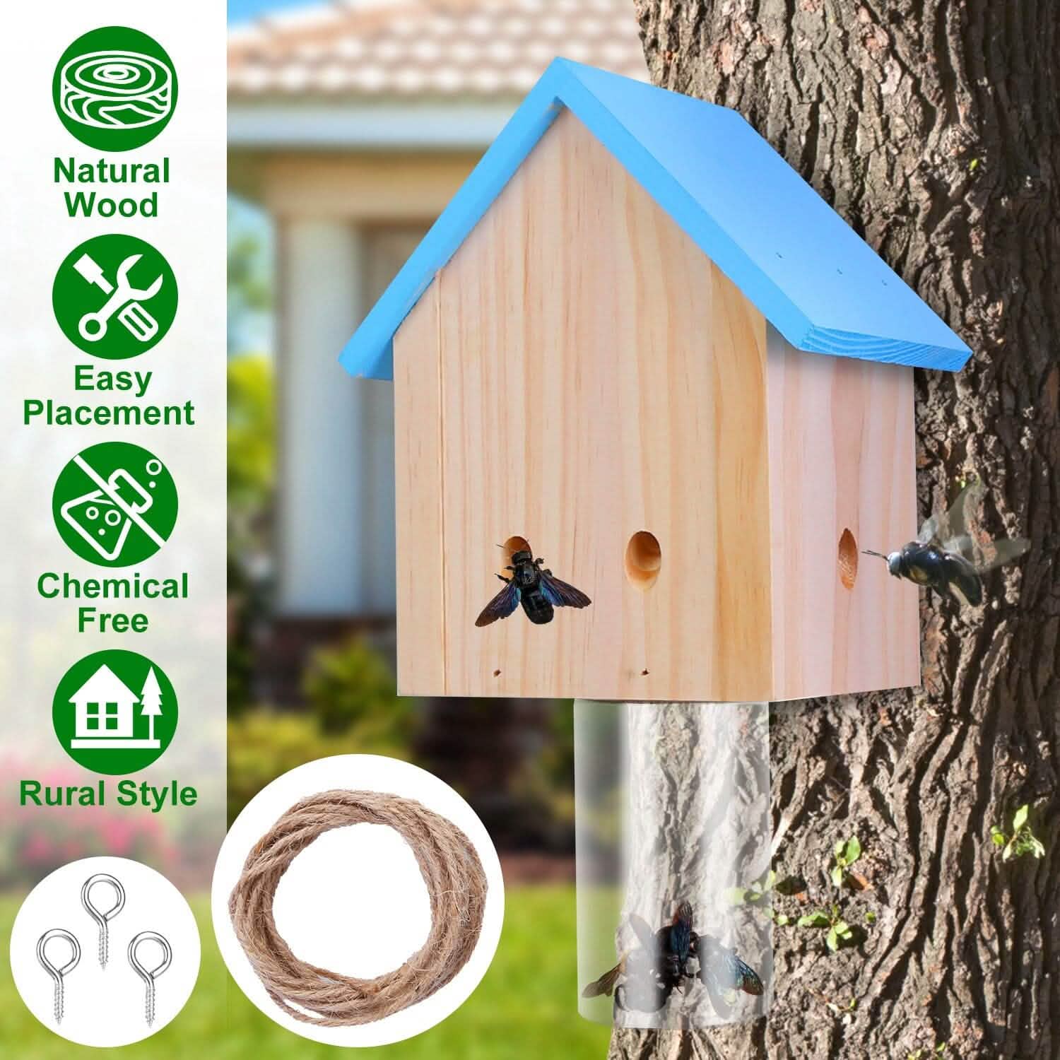 Wood Carpenter Bee Trap Outdoor Natural Pine Wood